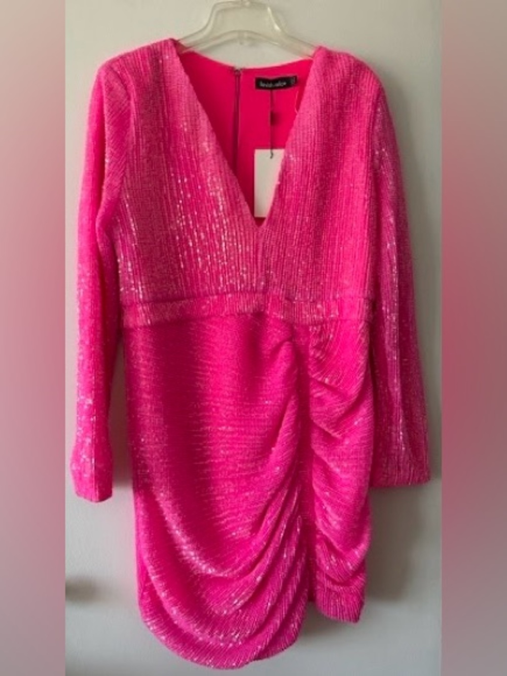 NWT Lavish Alice Neon Hot Pink Sequin Ruched Mini Dress 14 Party NYE Vegas